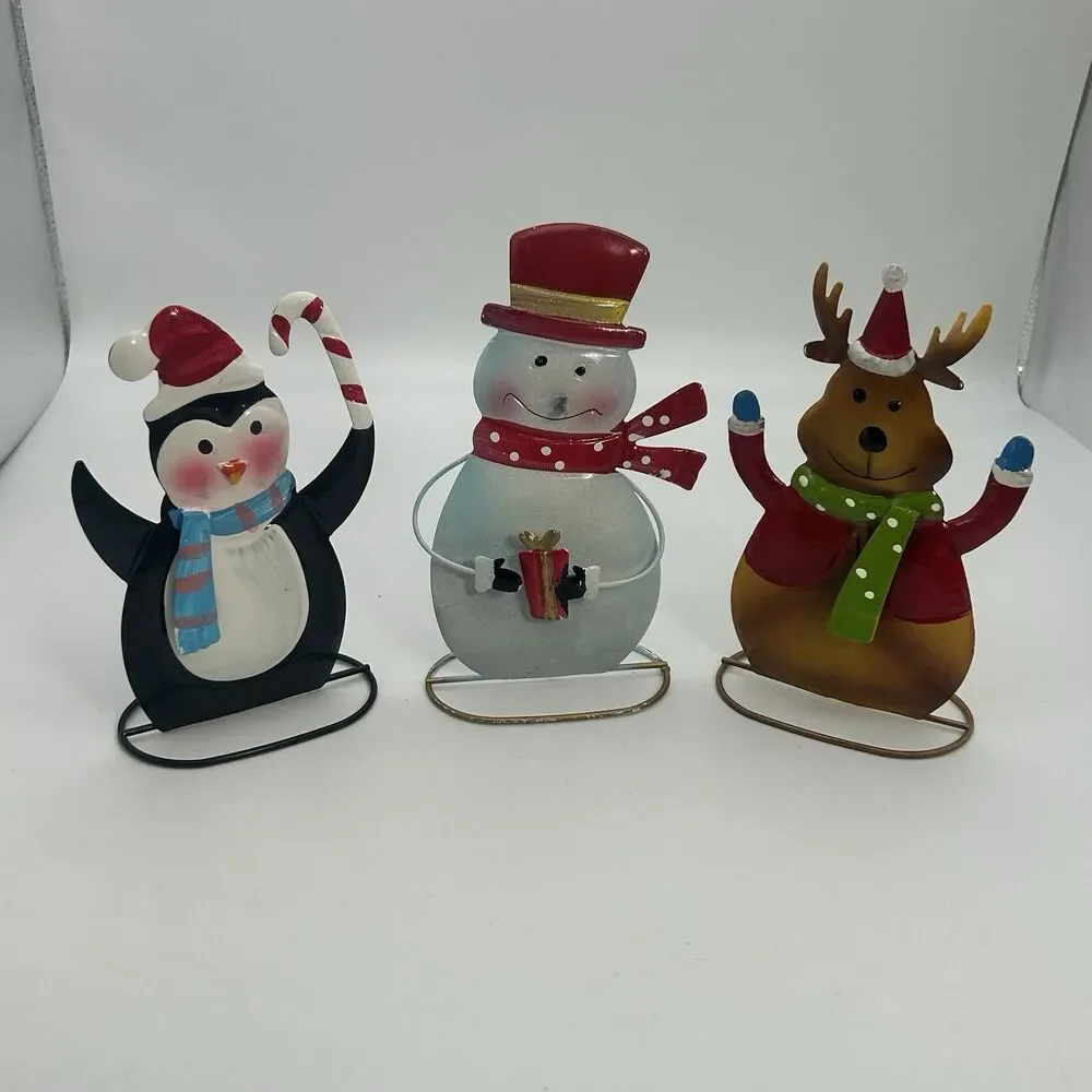 Lot of 3 Metal Christmas Decor Penguin Snowman Reindeer Holiday Tabletop Figures